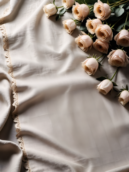 A Bunch of Peach Colored Roses Laying on a White Cloth