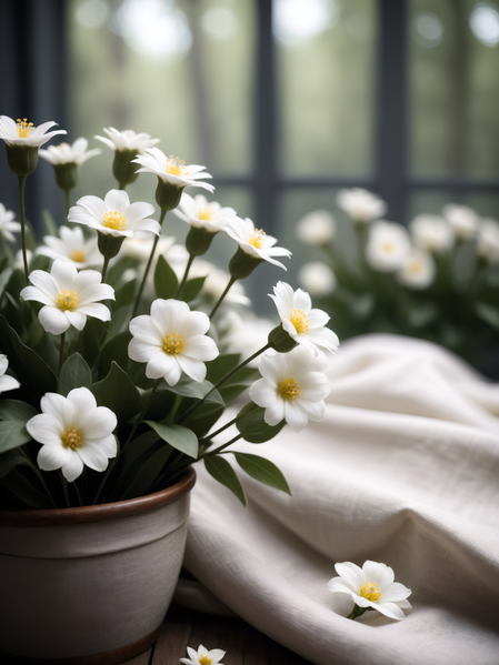 In this image there is a white ceramic vase filled with white flowers such as daisies or lilies.