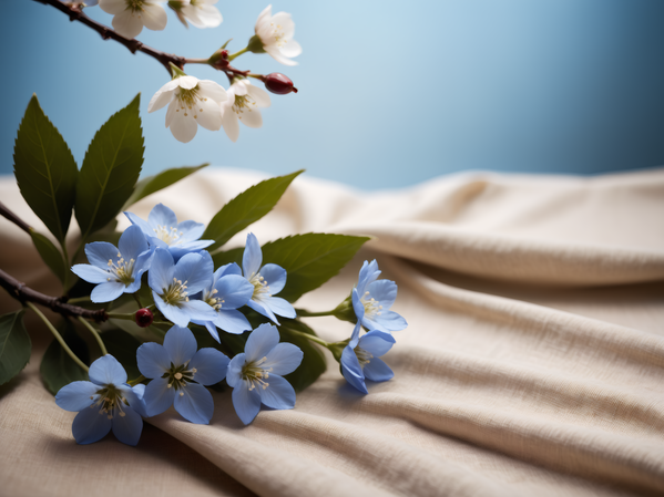 In this image there is a beautiful bouquet of blue and white flowers arranged on a piece of cloth.