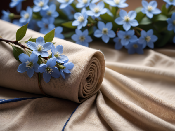 In this image a piece of cloth is adorned with a small bouquet of delicate blue flowers.