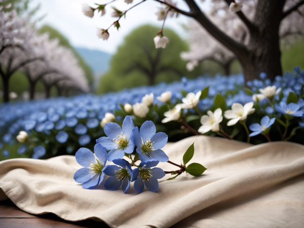 In this image there is a beautiful arrangement of blue and white flowers on a blanket placed on a wooden surface.