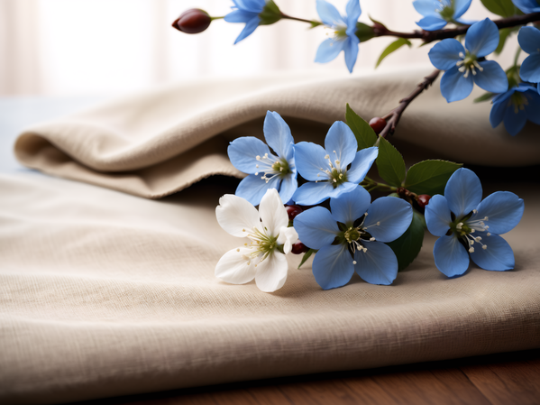 In this image there is a beautiful arrangement of blue and white flowers placed on top of a bed sheet.