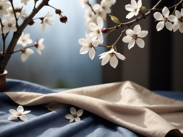 In this image a vase filled with white flowers is placed on a blue cloth creating a serene and peaceful atmosphere.