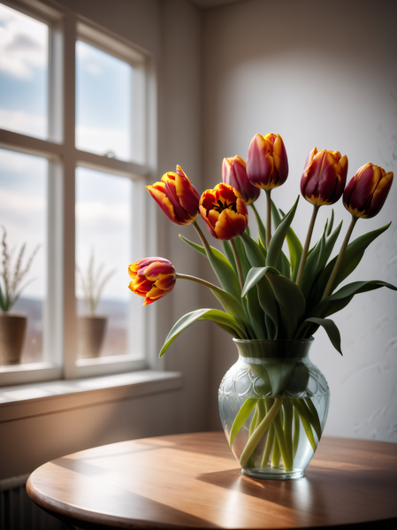 In this image a vase filled with colorful tulips is placed on a wooden dining table in front of a large window.