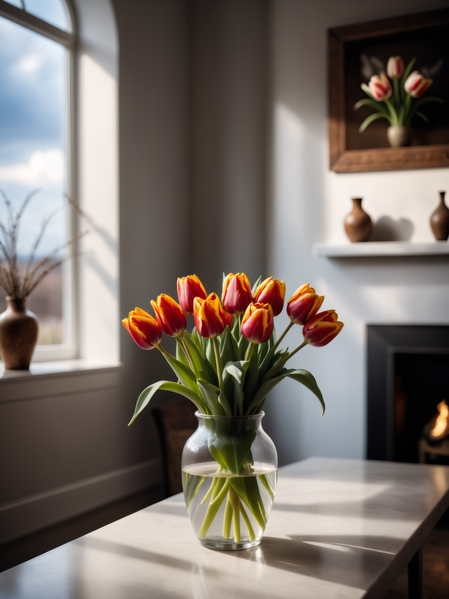 A Vase Filled with Orange and Red Tulips on a Table