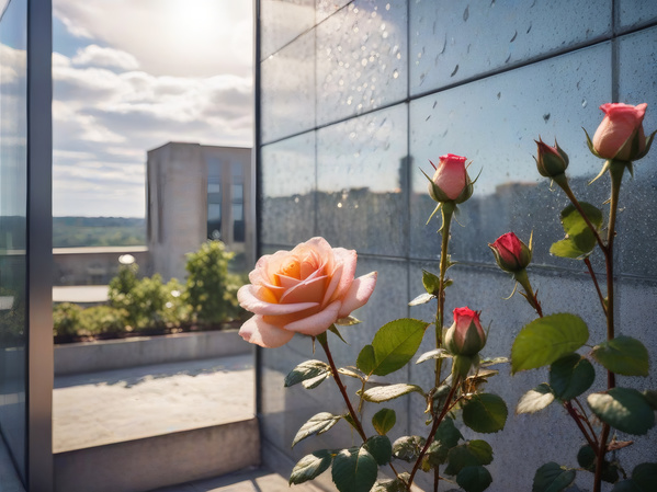 In this image a group of pink roses can be seen growing in front of a large glass wall.