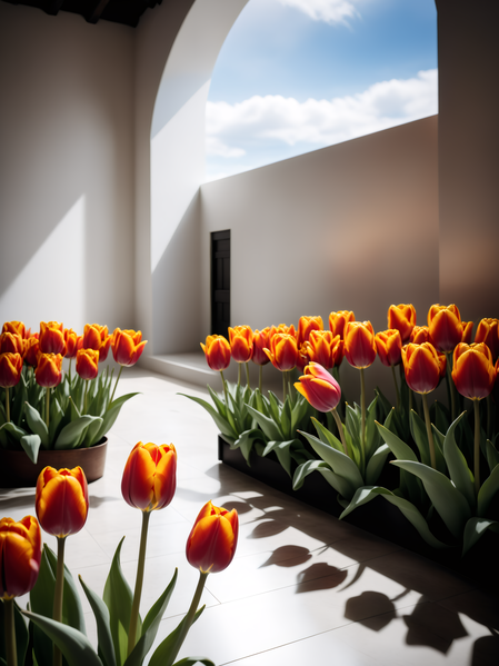 The image depicts a beautiful outdoor space filled with a variety of orange and yellow tulips.
