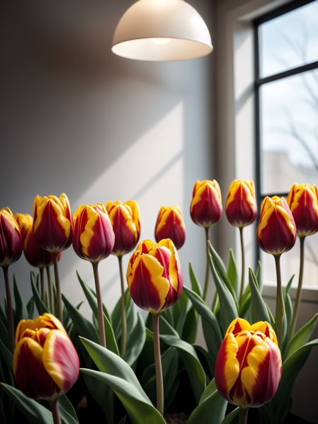 In this image a group of yellow and red tulips are arranged in a vase in front of a large window.