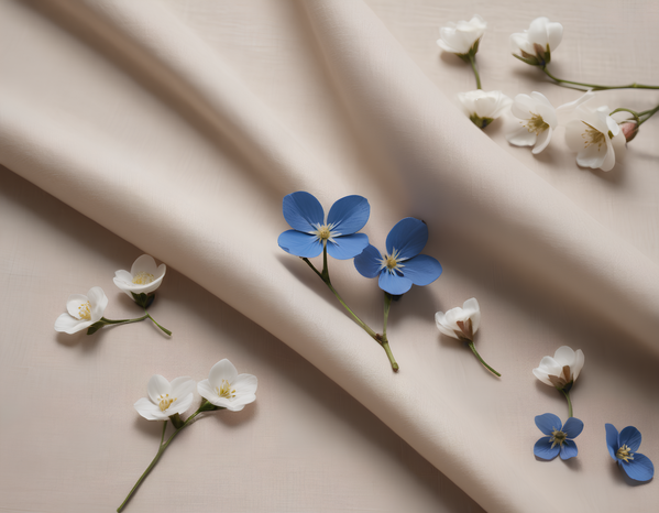 In this image there are several small blue and white flowers scattered across a light-colored surface such as a bed sheet or a tablecloth.
