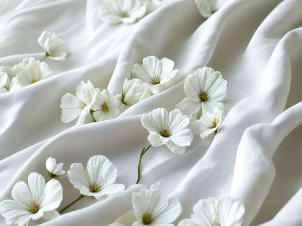 The image showcases a close-up view of a bed sheet covered in white flowers.