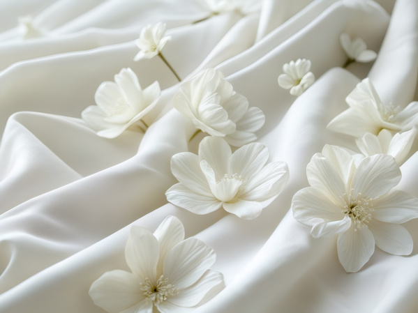 The image showcases a close-up view of a white cloth covered in delicate white flowers.
