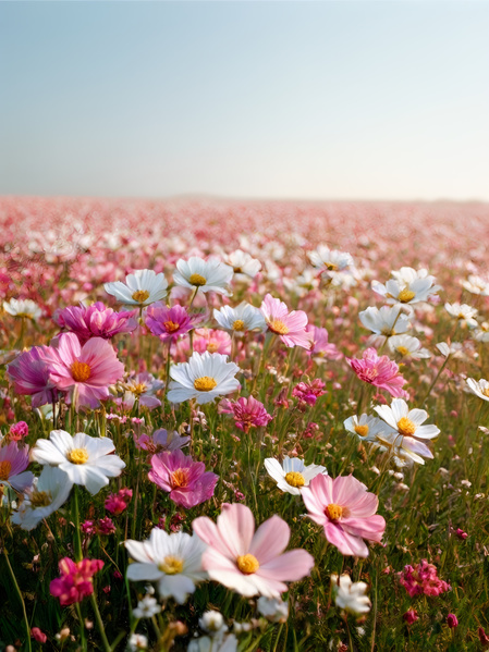 A Field Full of Pink and White Cosmos Flowers in Bloom