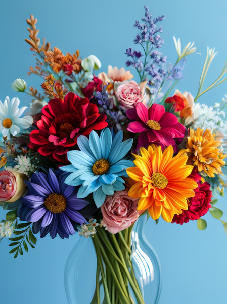 The image showcases a beautiful bouquet of colorful flowers arranged in a clear glass vase on a blue background.
