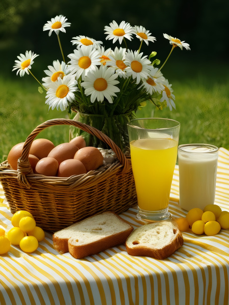 A Basket with Eggs Bread and a Glass of Orange Juice