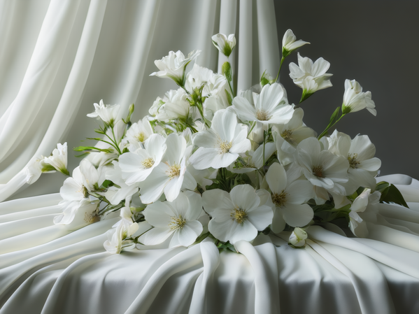 In this image a beautiful bouquet of white flowers is arranged on a white tablecloth in front of a curtain.