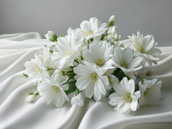 In this image a beautiful bouquet of white flowers is placed delicately on top of a white cloth.