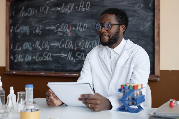 In this image a man wearing a lab coat and glasses is sitting at a desk in front of a chalkboard.