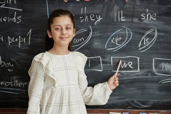 In the image a young girl is standing in front of a chalkboard.