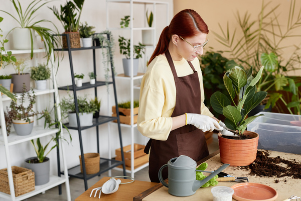 A Woman in an Apron Is Watering a Plant in a Pot