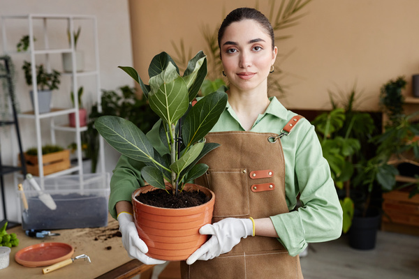 In the image a woman wearing an apron and gloves is holding a potted plant in her hands.