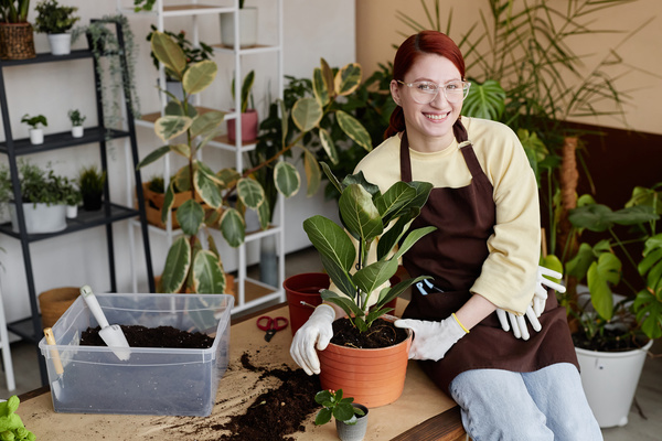 A Woman in an Apron Holding a Potted Plant in Her Hand
